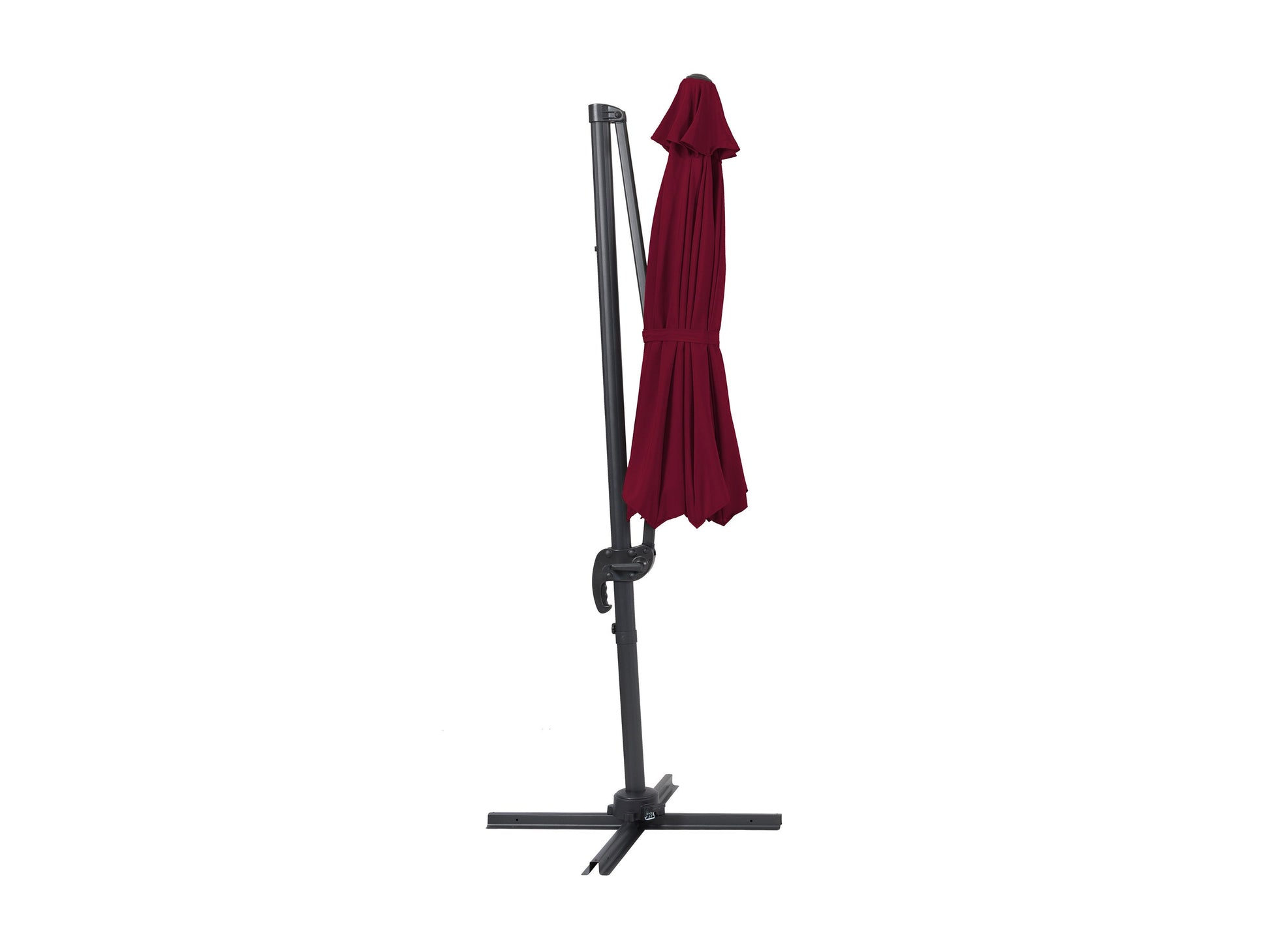 Wine red 9.5ft offset patio umbrella with 360-degree rotation, sturdy aluminum frame, and UV-resistant fabric. Ideal for outdoor spaces, providing ample shade and adjustable coverage for patios and gardens.