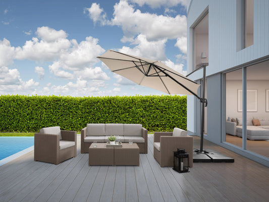 Off-white 9.5ft offset patio umbrella with a 360-degree rotation, featuring a sturdy aluminum frame, crank lift system, and weather-resistant fabric, perfect for outdoor spaces like patios, gardens, and decks.