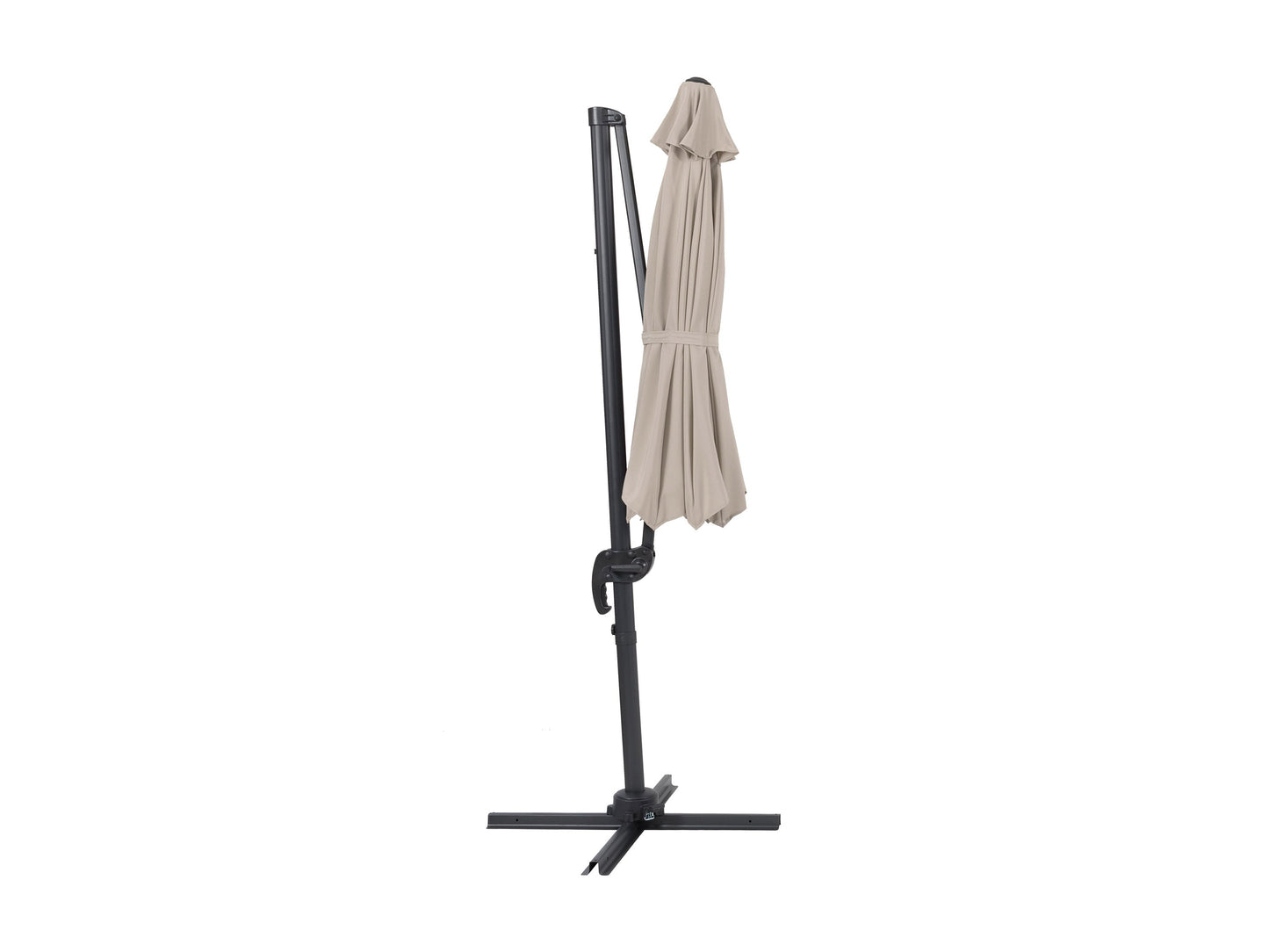 Off-white 9.5ft offset patio umbrella with a 360-degree rotation, featuring a sturdy aluminum frame, crank lift system, and weather-resistant fabric, perfect for outdoor spaces like patios, gardens, and decks.