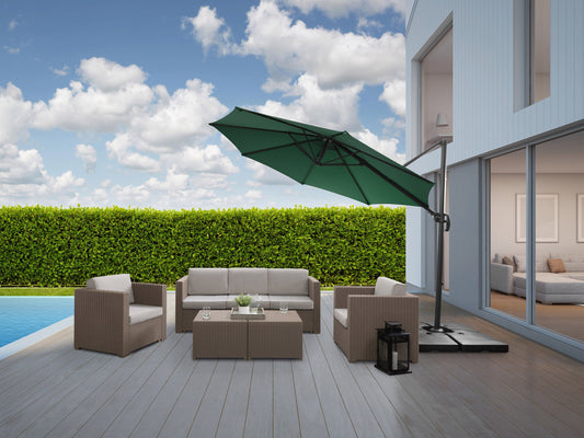 Dark green 9.5ft offset patio umbrella with 360-degree rotation, sturdy aluminum frame, and UV-resistant polyester canopy. Ideal for outdoor shading, garden, patio, or poolside use.