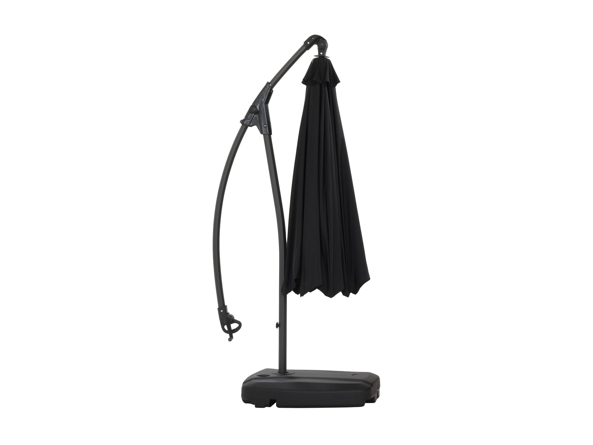 Black cantilever patio umbrella with sturdy base, featuring a large rectangular canopy for ample shade, adjustable height, and durable weather-resistant materials, perfect for outdoor spaces and garden lounging.