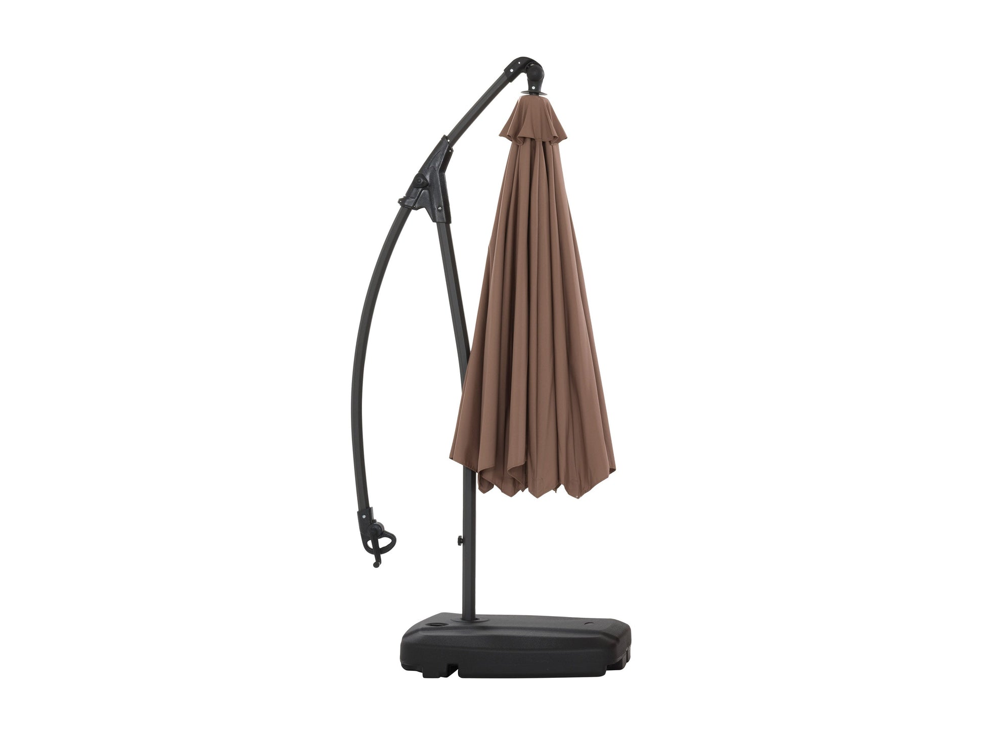 Cantilever patio umbrella with sand-colored canopy, sturdy aluminum frame, and a weighted base, perfect for outdoor shade. The adjustable tilt and rotation feature ensures optimal sun protection for patios and gardens.
