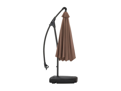 Cantilever patio umbrella with sand-colored canopy, sturdy aluminum frame, and a weighted base, perfect for outdoor shade. The adjustable tilt and rotation feature ensures optimal sun protection for patios and gardens.