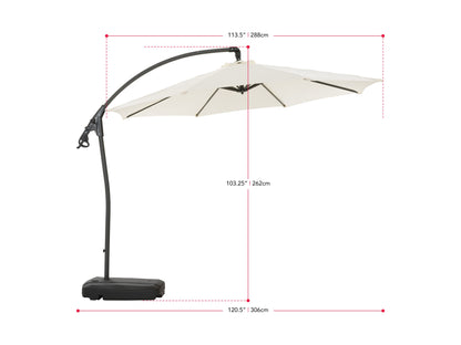 White cantilever patio umbrella with sturdy base, featuring a sleek, modern design and adjustable canopy for optimal shade. Ideal for outdoor spaces, made from weather-resistant materials.