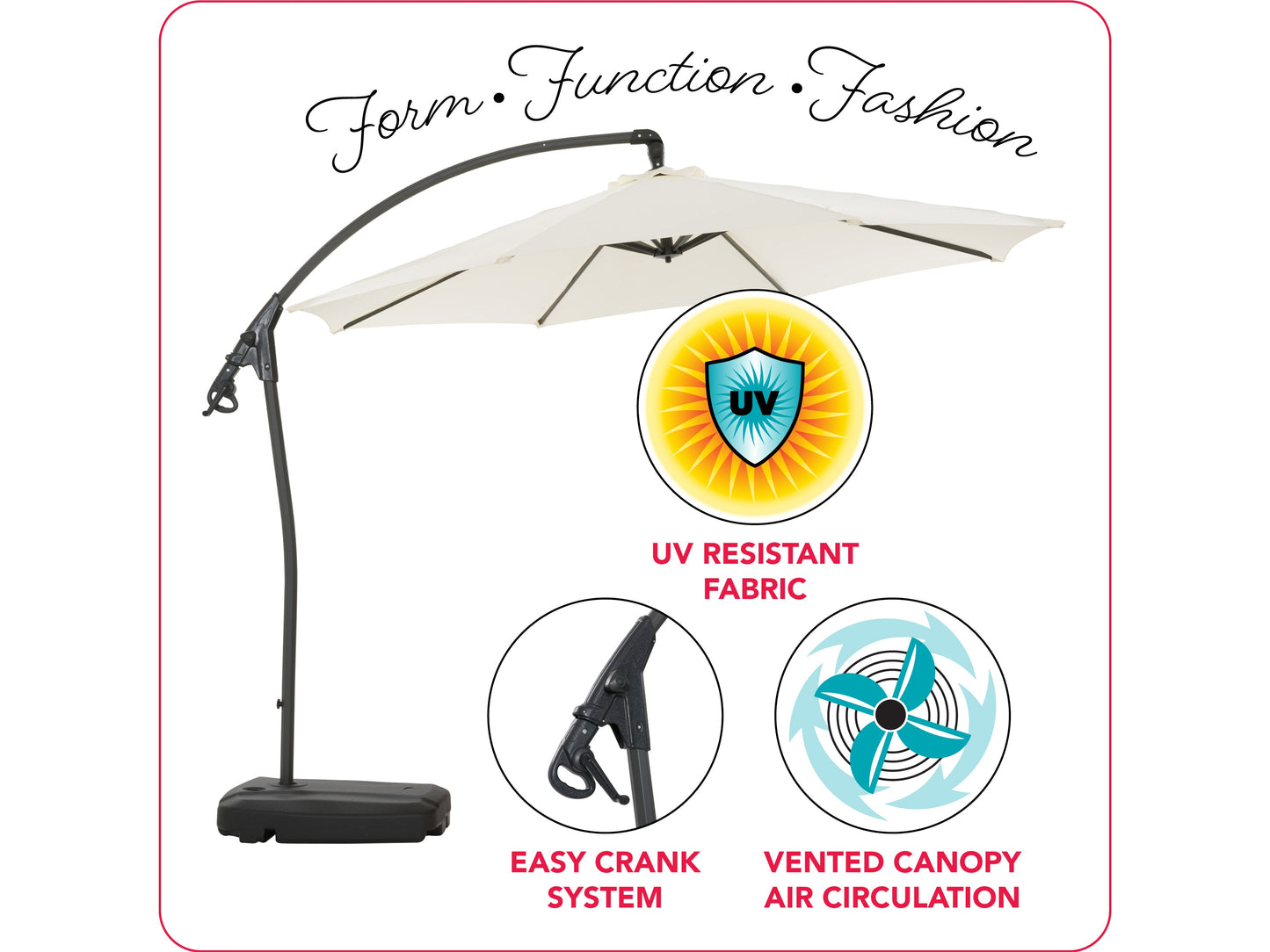 White cantilever patio umbrella with sturdy base, featuring a sleek, modern design and adjustable canopy for optimal shade. Ideal for outdoor spaces, made from weather-resistant materials.