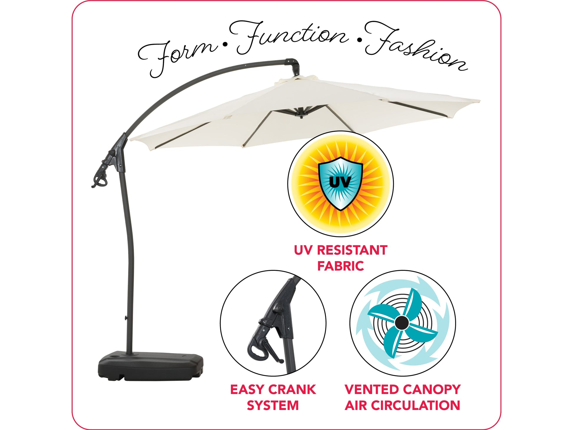 White cantilever patio umbrella with sturdy base, featuring a sleek, modern design and adjustable canopy for optimal shade. Ideal for outdoor spaces, made from weather-resistant materials.