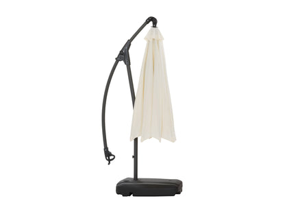 White cantilever patio umbrella with sturdy base, featuring a sleek, modern design and adjustable canopy for optimal shade. Ideal for outdoor spaces, made from weather-resistant materials.