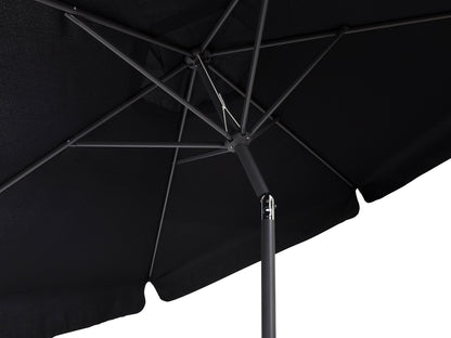 Black 10ft round patio umbrella with tilting feature, sturdy metal frame, and weather-resistant fabric. Ideal for outdoor shade on patios, gardens, and decks.