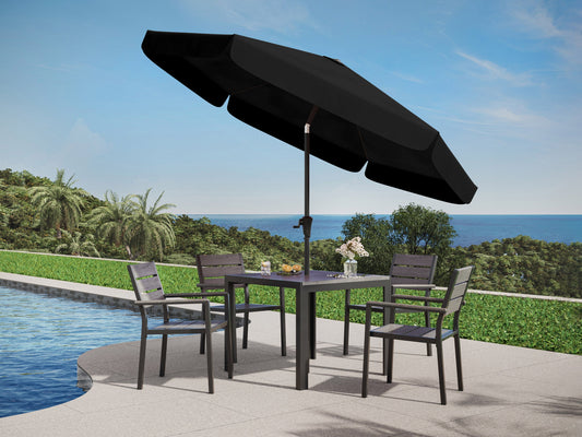 Black 10ft round patio umbrella with tilting feature, sturdy metal frame, and weather-resistant fabric. Ideal for outdoor shade on patios, gardens, and decks.