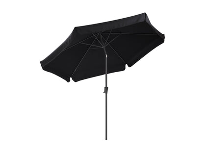 Black 10ft round patio umbrella with tilting feature, sturdy metal frame, and weather-resistant fabric. Ideal for outdoor shade on patios, gardens, and decks.