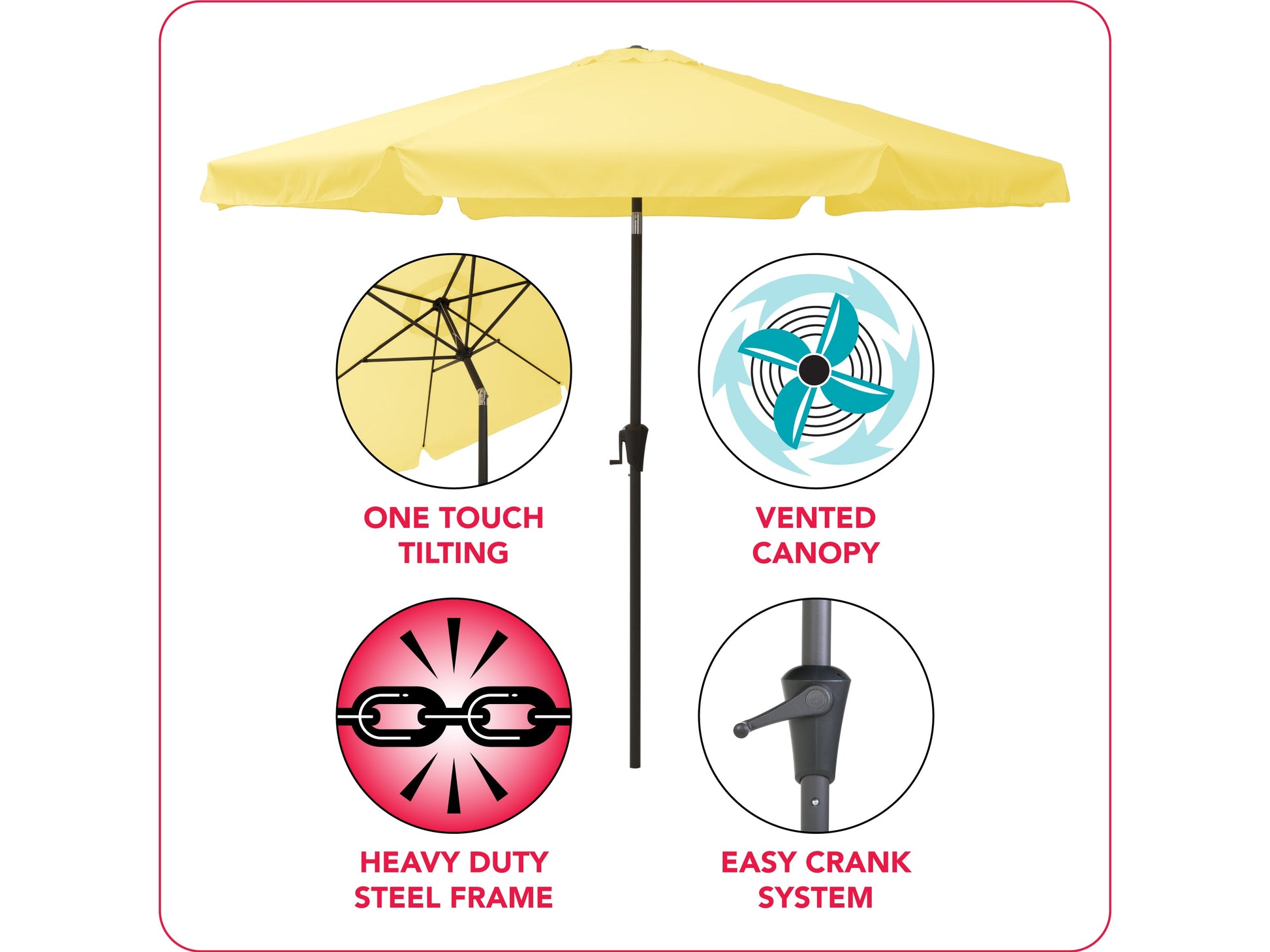Bright yellow 10ft round patio umbrella with tilting mechanism, sturdy aluminum pole, and weather-resistant fabric, ideal for outdoor shade.