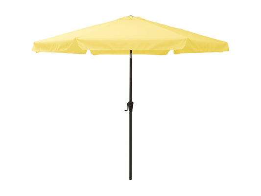 Bright yellow 10ft round patio umbrella with tilting mechanism, sturdy aluminum pole, and weather-resistant fabric, ideal for outdoor shade.