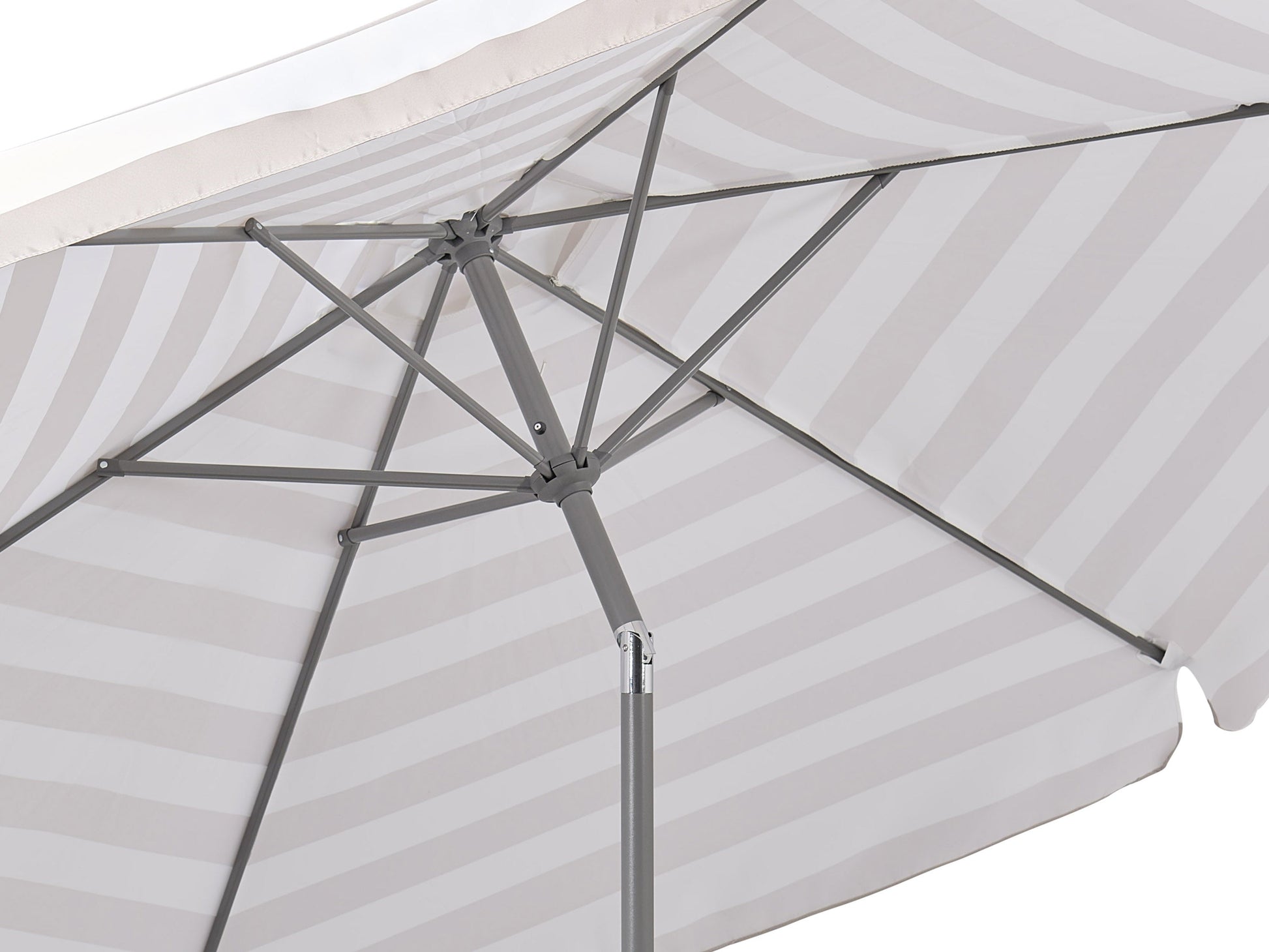 Taupe and white 10ft round patio umbrella with tilting feature, sturdy aluminum pole, and weather-resistant fabric, perfect for outdoor shade and garden decor.