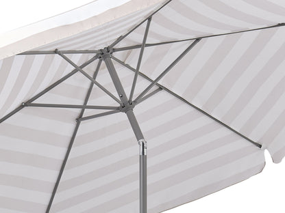 Taupe and white 10ft round patio umbrella with tilting feature, sturdy aluminum pole, and weather-resistant fabric, perfect for outdoor shade and garden decor.