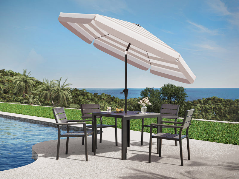 taupe and white 10ft patio umbrella, round tilting 200 Series lifestyle scene CorLiving