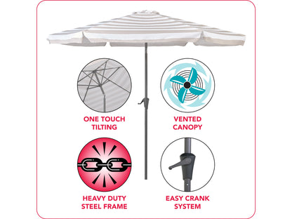 Taupe and white 10ft round patio umbrella with tilting feature, sturdy aluminum pole, and weather-resistant fabric, perfect for outdoor shade and garden decor.