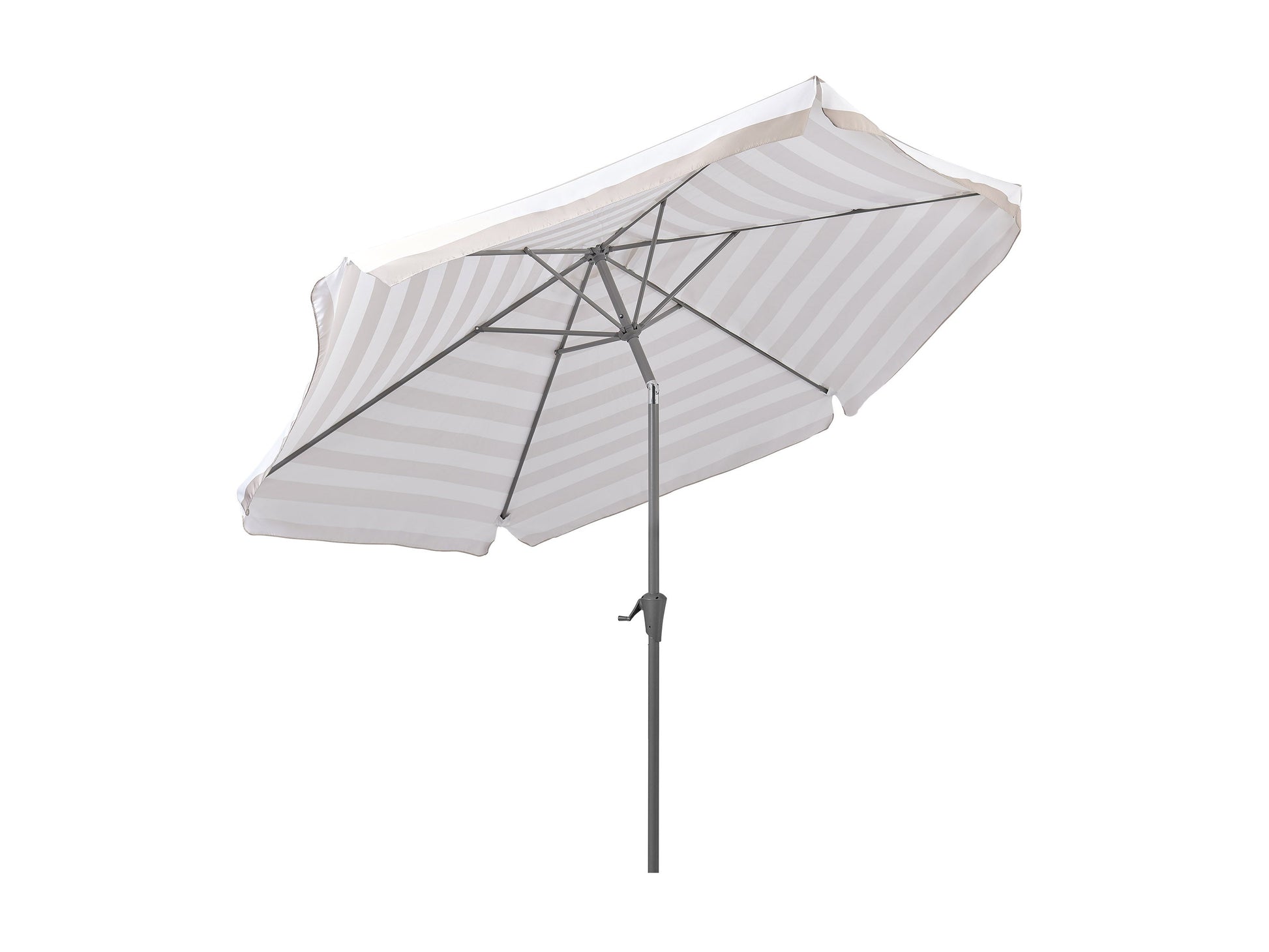 Taupe and white 10ft round patio umbrella with tilting feature, sturdy aluminum pole, and weather-resistant fabric, perfect for outdoor shade and garden decor.
