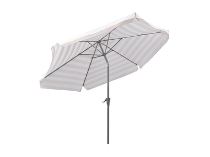 Taupe and white 10ft round patio umbrella with tilting feature, sturdy aluminum pole, and weather-resistant fabric, perfect for outdoor shade and garden decor.
