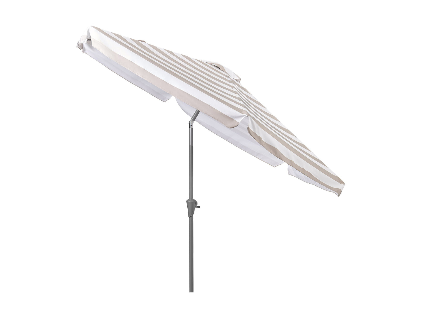 Taupe and white 10ft round patio umbrella with tilting feature, sturdy aluminum pole, and weather-resistant fabric, perfect for outdoor shade and garden decor.
