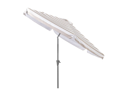 Taupe and white 10ft round patio umbrella with tilting feature, sturdy aluminum pole, and weather-resistant fabric, perfect for outdoor shade and garden decor.
