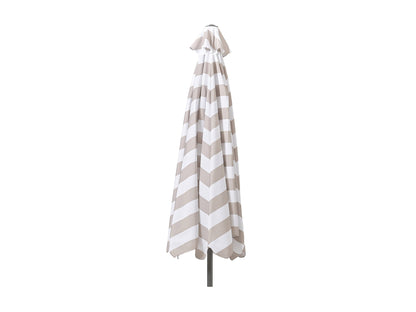 Taupe and white 10ft round patio umbrella with tilting feature, sturdy aluminum pole, and weather-resistant fabric, perfect for outdoor shade and garden decor.