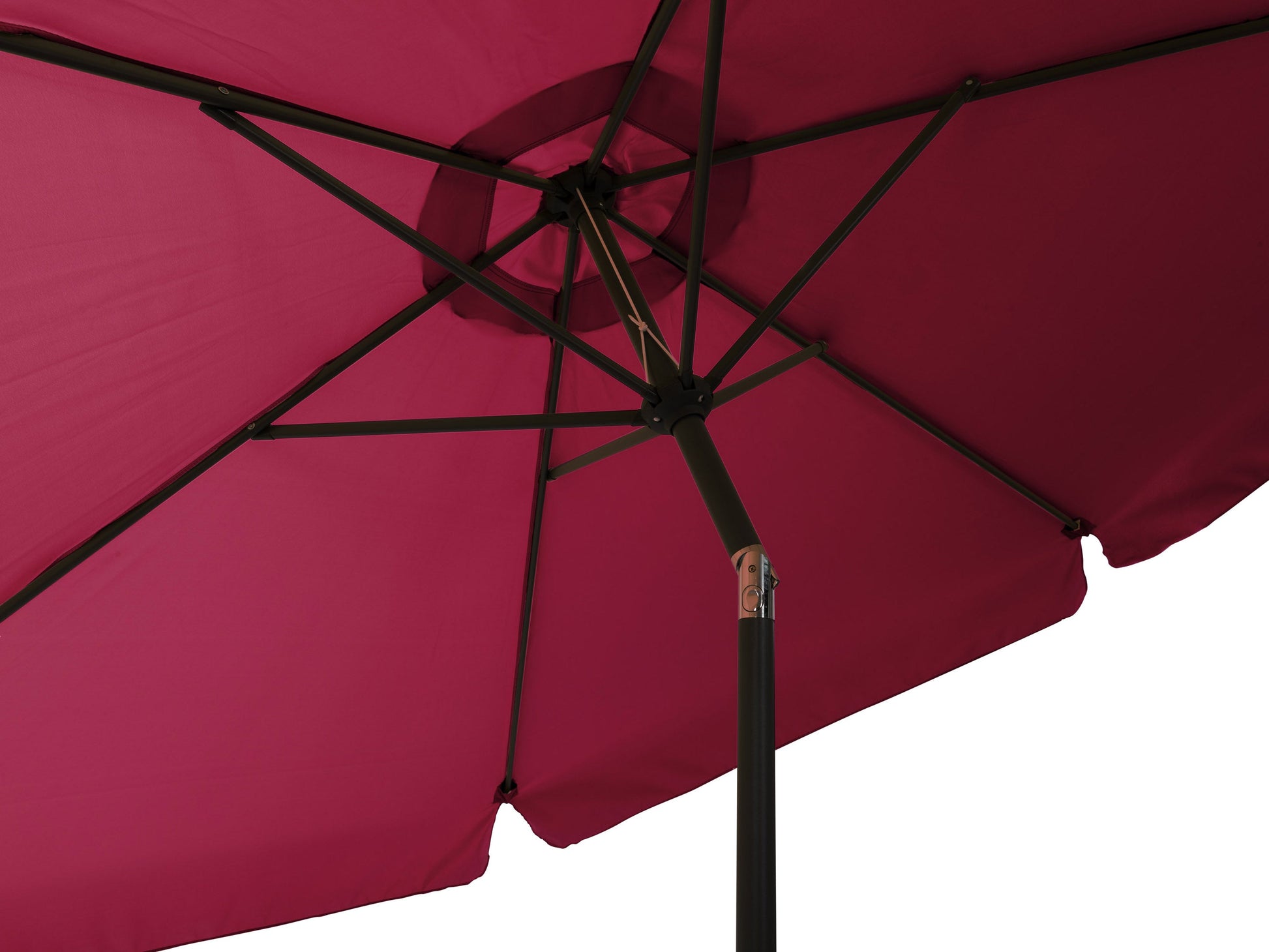 Wine red 10ft round patio umbrella with tilting mechanism, durable fabric, and sturdy metal pole, perfect for outdoor shade in gardens, patios, or decks.