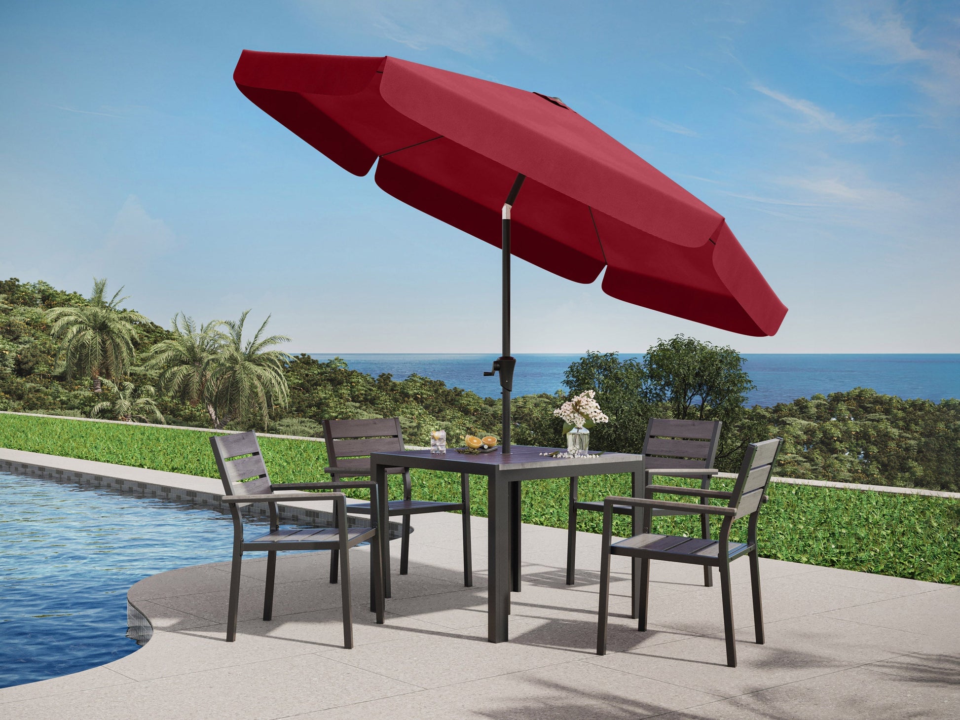 Wine red 10ft round patio umbrella with tilting mechanism, durable fabric, and sturdy metal pole, perfect for outdoor shade in gardens, patios, or decks.
