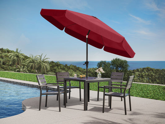 Wine red 10ft round patio umbrella with tilting mechanism, durable fabric, and sturdy metal pole, perfect for outdoor shade in gardens, patios, or decks.