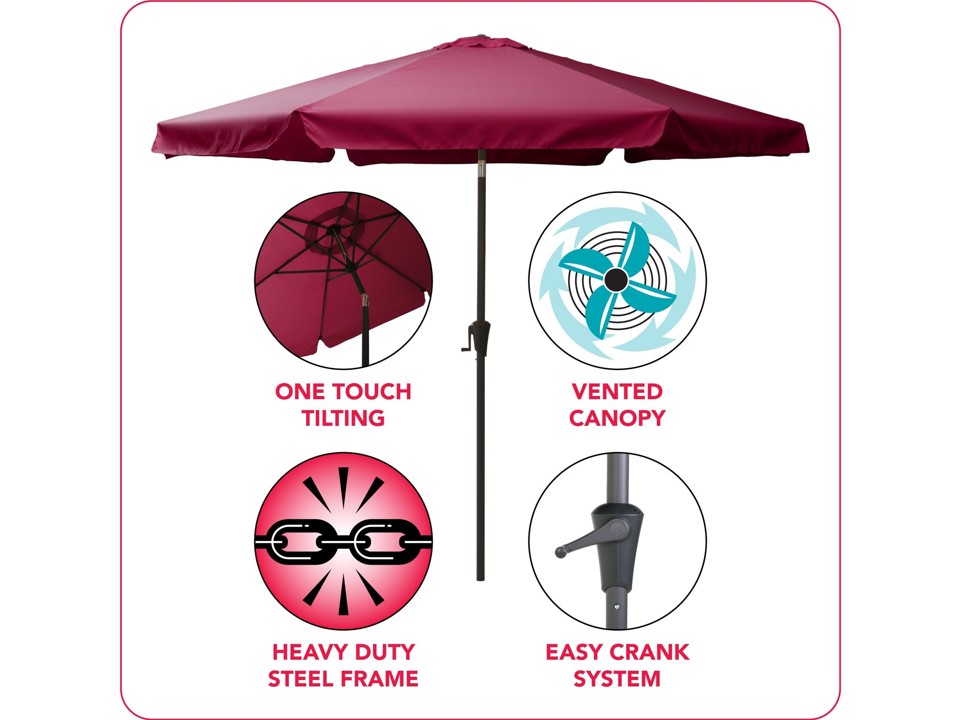 Wine red 10ft round patio umbrella with tilting mechanism, durable fabric, and sturdy metal pole, perfect for outdoor shade in gardens, patios, or decks.