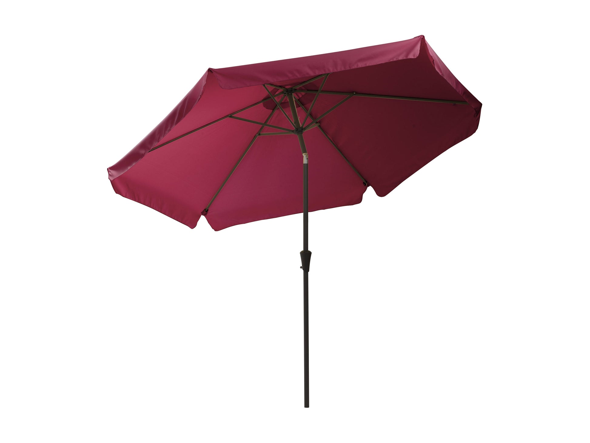Wine red 10ft round patio umbrella with tilting mechanism, durable fabric, and sturdy metal pole, perfect for outdoor shade in gardens, patios, or decks.