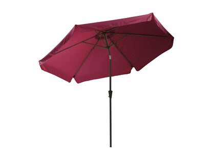 Wine red 10ft round patio umbrella with tilting mechanism, durable fabric, and sturdy metal pole, perfect for outdoor shade in gardens, patios, or decks.