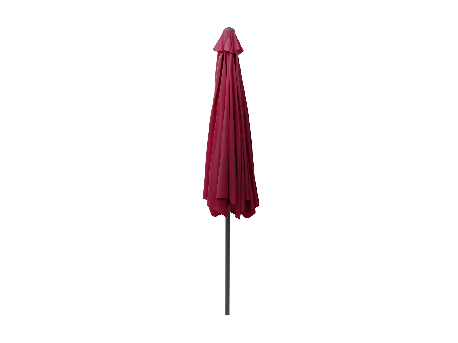 Wine red 10ft round patio umbrella with tilting mechanism, durable fabric, and sturdy metal pole, perfect for outdoor shade in gardens, patios, or decks.