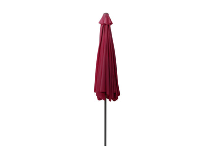 Wine red 10ft round patio umbrella with tilting mechanism, durable fabric, and sturdy metal pole, perfect for outdoor shade in gardens, patios, or decks.