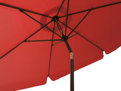 Crimson red 10ft round tilting patio umbrella with a sturdy aluminum pole, UV-resistant fabric, and easy crank lift system. Perfect for outdoor garden, deck, or patio shade.