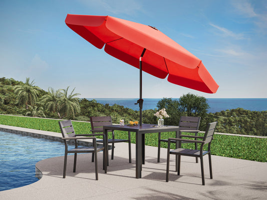 Crimson red 10ft round tilting patio umbrella with a sturdy aluminum pole, UV-resistant fabric, and easy crank lift system. Perfect for outdoor garden, deck, or patio shade.