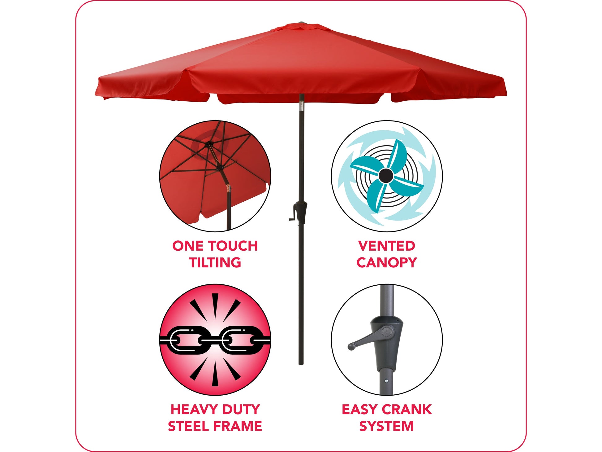 Crimson red 10ft round tilting patio umbrella with a sturdy aluminum pole, UV-resistant fabric, and easy crank lift system. Perfect for outdoor garden, deck, or patio shade.