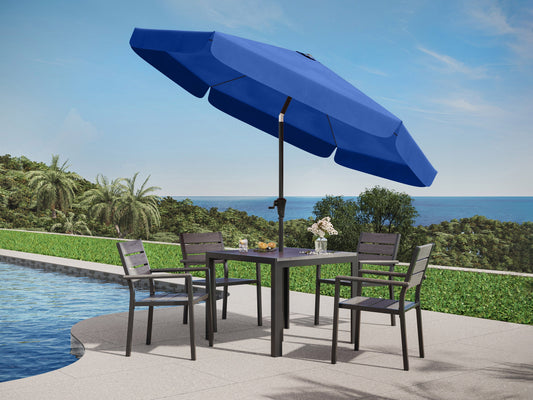 10ft round tilting patio umbrella in cobalt blue with sturdy aluminum frame and weather-resistant fabric, ideal for outdoor shade and garden decor.