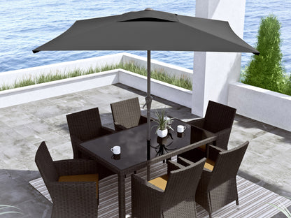 Black 9ft square patio umbrella with tilting feature, sturdy aluminum pole, and weather-resistant fabric, perfect for outdoor shade on patios and gardens.