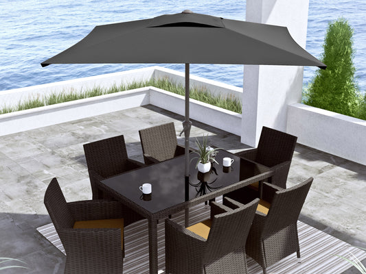 Black 9ft square patio umbrella with tilting feature, sturdy aluminum pole, and weather-resistant fabric, perfect for outdoor shade on patios and gardens.