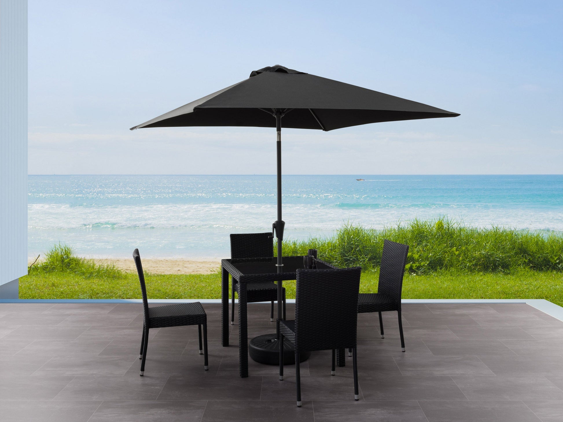 Black 9ft square patio umbrella with tilting feature, sturdy aluminum pole, and weather-resistant fabric, perfect for outdoor shade on patios and gardens.