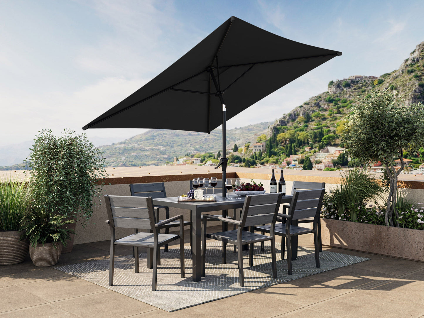 Black 9ft square patio umbrella with tilting feature, sturdy aluminum pole, and weather-resistant fabric, perfect for outdoor shade on patios and gardens.