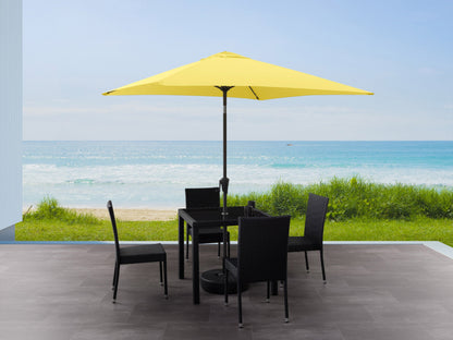 Yellow 9ft square patio umbrella with tilting feature, durable aluminum frame, and weather-resistant fabric, perfect for outdoor seating areas and providing ample shade.