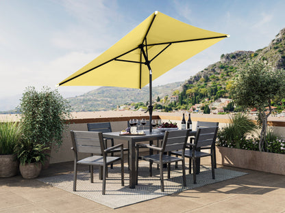 Yellow 9ft square patio umbrella with tilting feature, durable aluminum frame, and weather-resistant fabric, perfect for outdoor seating areas and providing ample shade.