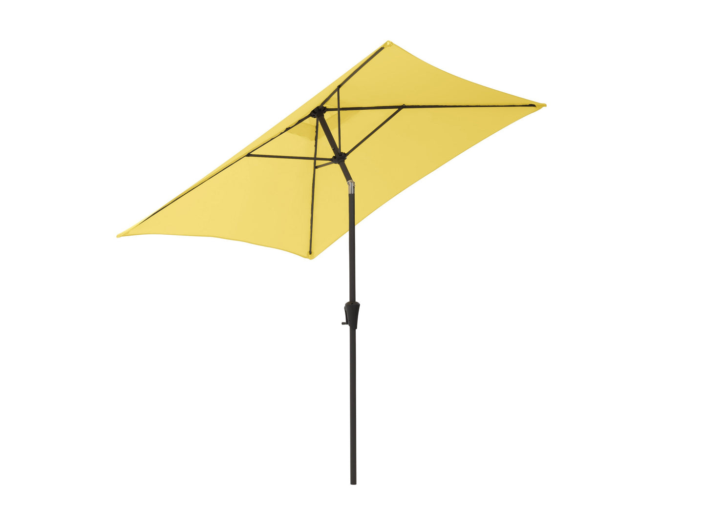 Yellow 9ft square patio umbrella with tilting feature, durable aluminum frame, and weather-resistant fabric, perfect for outdoor seating areas and providing ample shade.