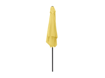 Yellow 9ft square patio umbrella with tilting feature, durable aluminum frame, and weather-resistant fabric, perfect for outdoor seating areas and providing ample shade.