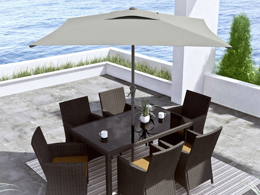 Grey 9ft square patio umbrella with tilting feature, sturdy metal frame, and weather-resistant fabric, perfect for outdoor shading on patios, decks, and gardens.