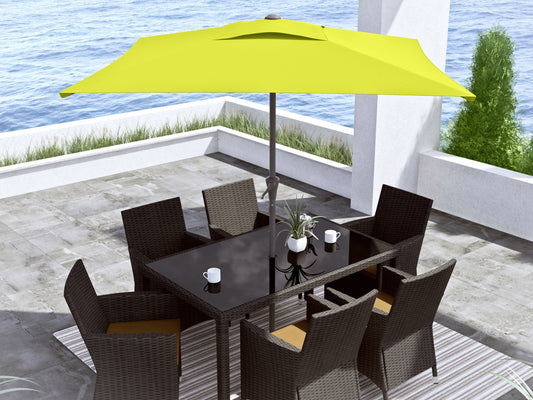 Lime green 9ft square patio umbrella with tilting feature, sturdy aluminum frame, and weather-resistant fabric, perfect for outdoor shade and garden decor.
