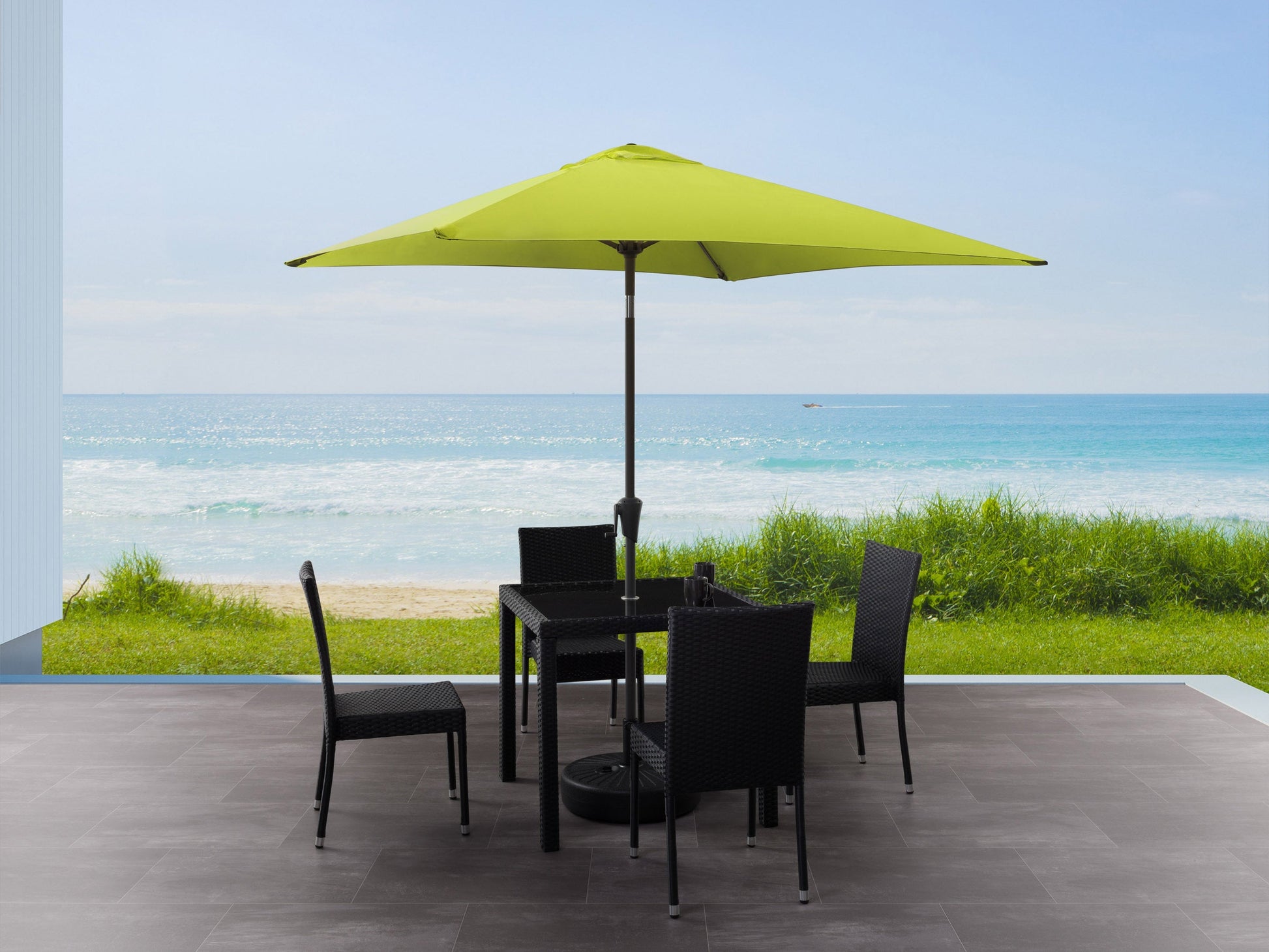 Lime green 9ft square patio umbrella with tilting feature, sturdy aluminum frame, and weather-resistant fabric, perfect for outdoor shade and garden decor.