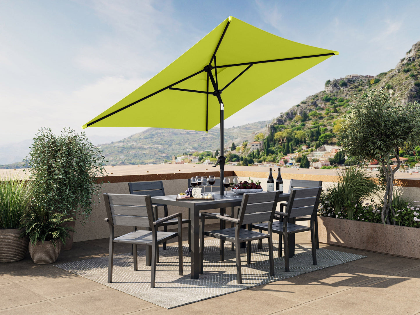 Lime green 9ft square patio umbrella with tilting feature, sturdy aluminum frame, and weather-resistant fabric, perfect for outdoor shade and garden decor.