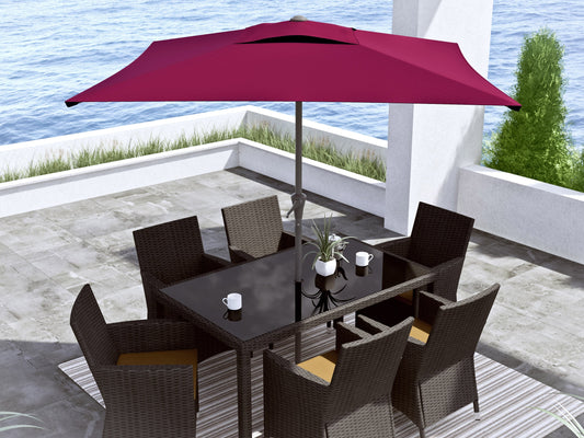 Wine red 9ft square patio umbrella with tilting feature, durable fabric, and sturdy metal frame. Ideal for outdoor spaces, providing ample shade and UV protection.